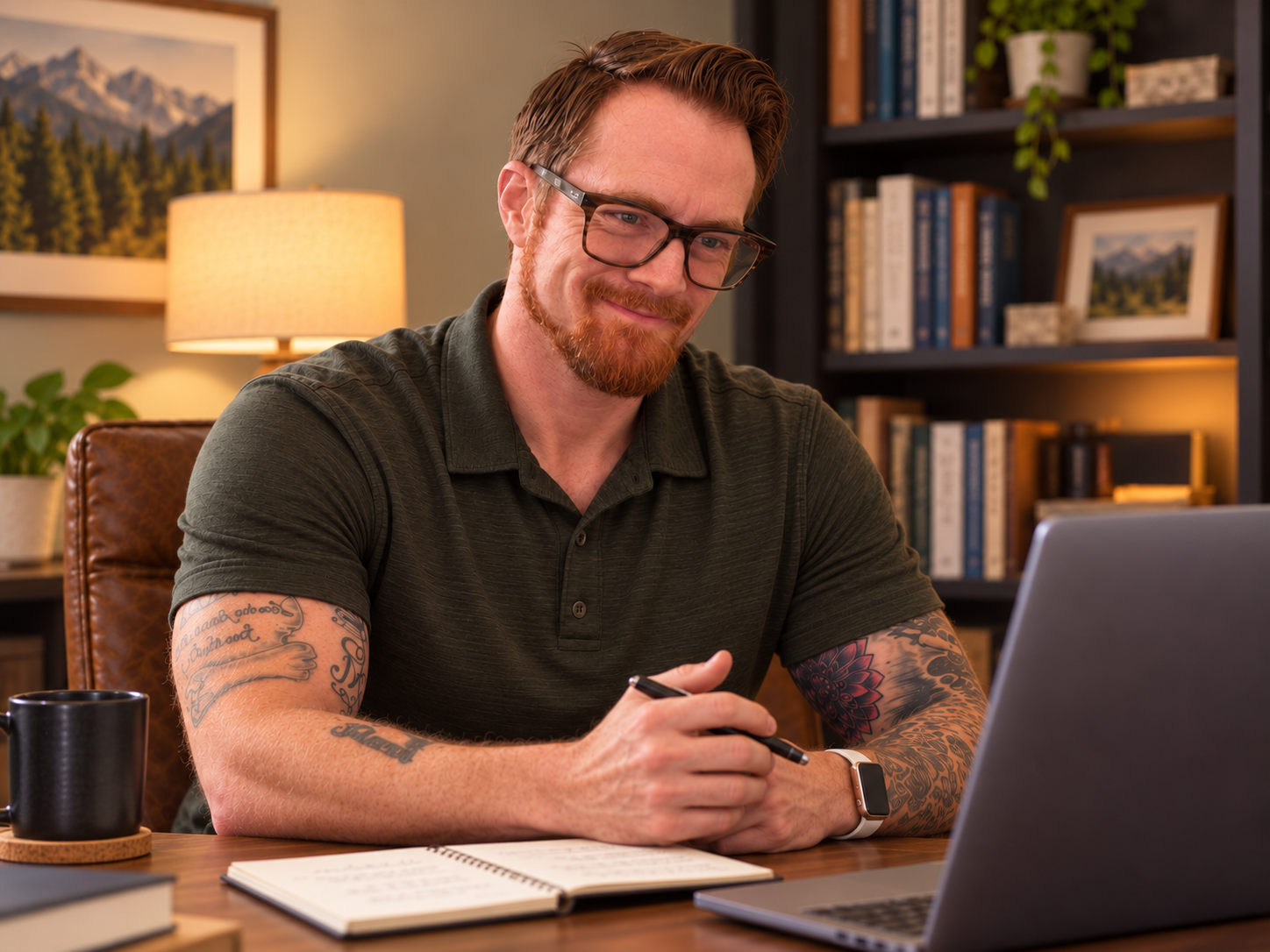 Cameron Millikin seated at a desk with a notebook, pen, and laptop